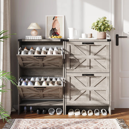 VEANERWOOD Shoes Storage Cabinet With Doors, Farmhouse Shoe Cabinet With 2 Flip Drawers For Entryway,Gray