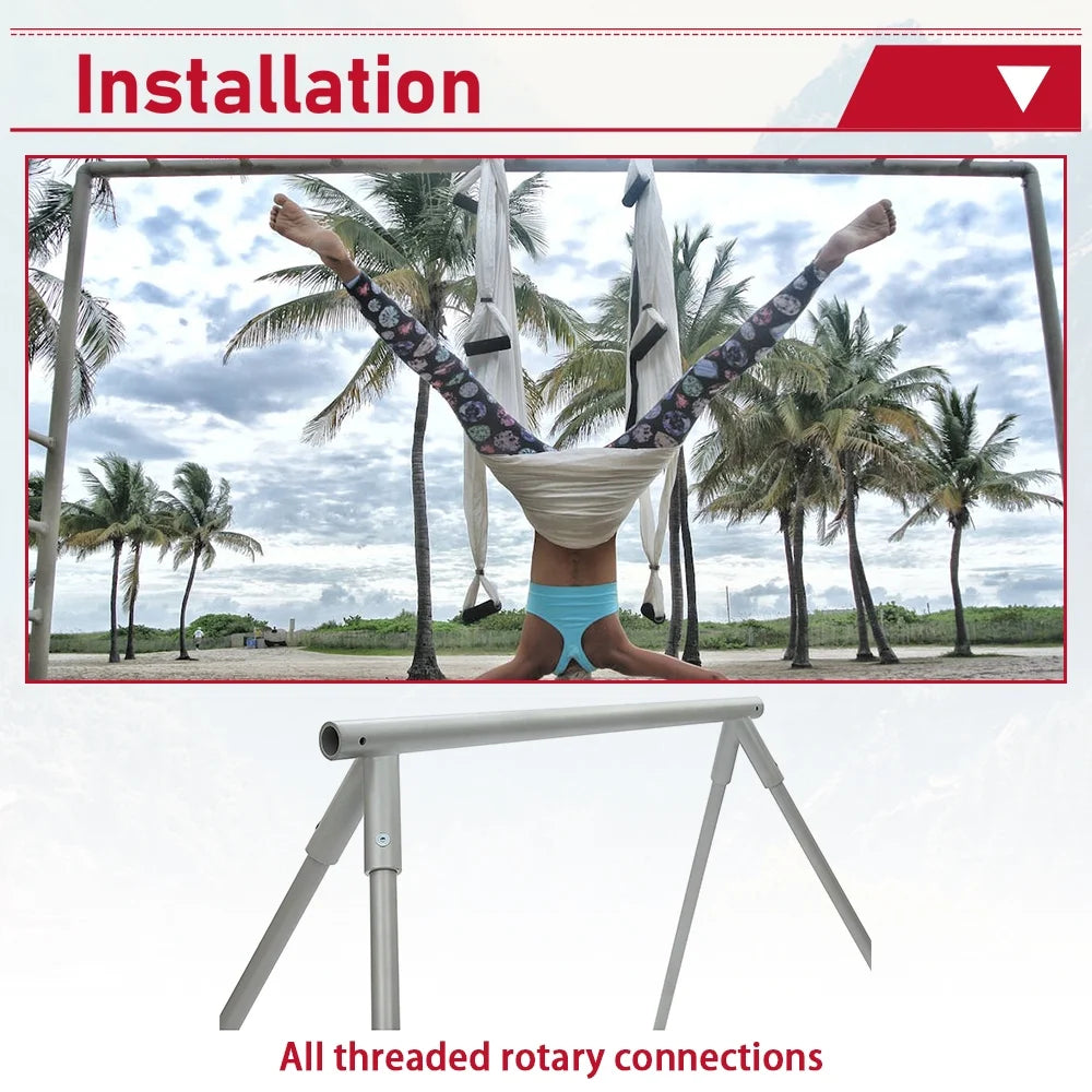 Kojem 97"/2.46m Aerial Stand Yoga Frame Portable Rig Yoga Swing Bar 551 LBS/250KG Indoor Outdoor Aluminum �?Nylon with 39Ft/11.8m Aerial White Silk Yoga Hammocks