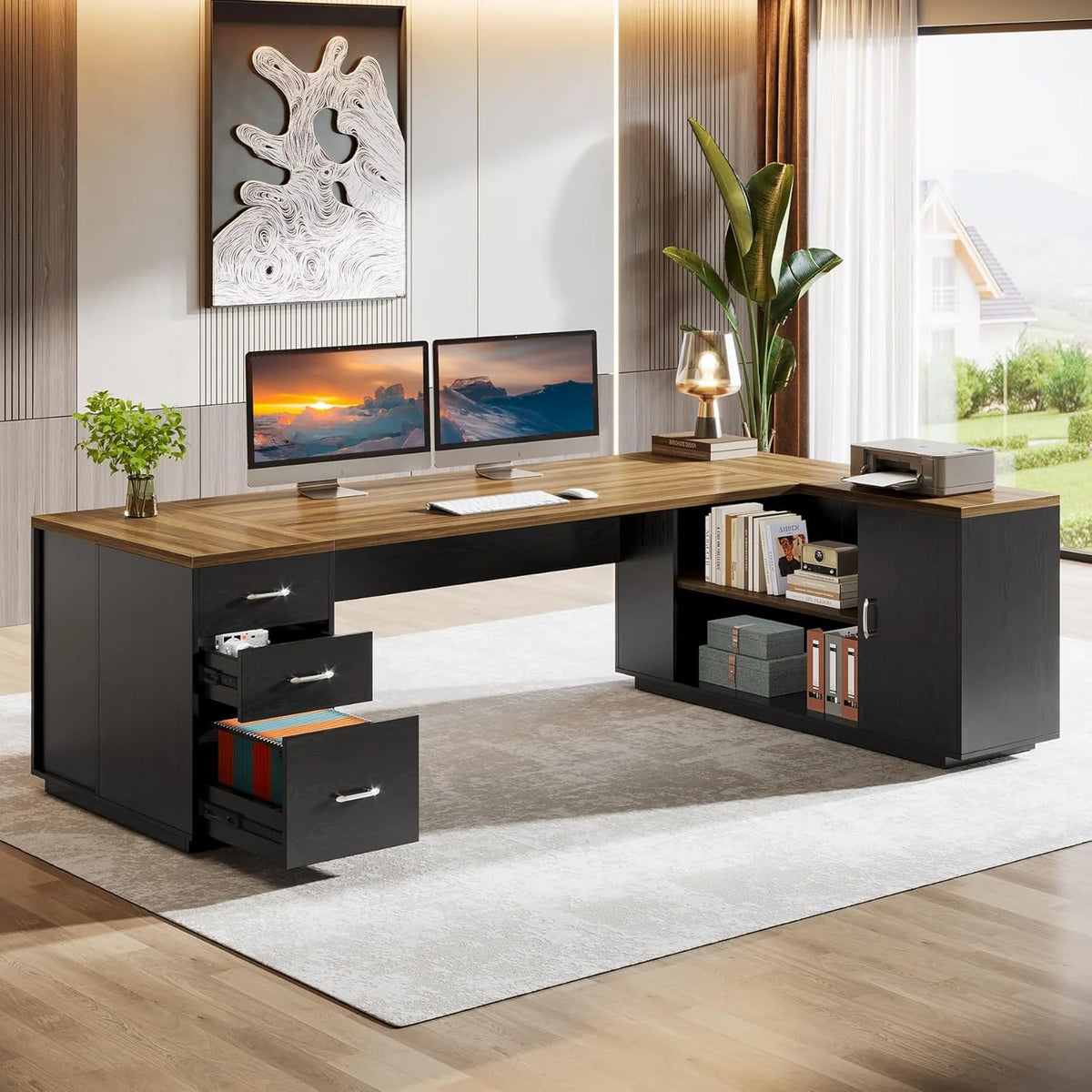 Tribesigns 85.8" L-Shaped Executive Desk, Extra Large Office Desk with File Drawers, Modern Business Furniture with Door Cabinet, Shelves for Home Office, White & Brown