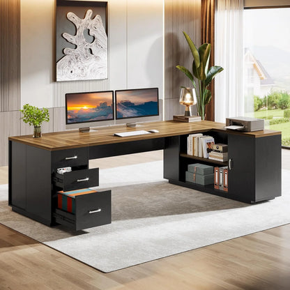 Tribesigns 85.8" L-Shaped Executive Desk, Extra Large Office Desk with File Drawers, Modern Business Furniture with Door Cabinet, Shelves for Home Office, White & Brown