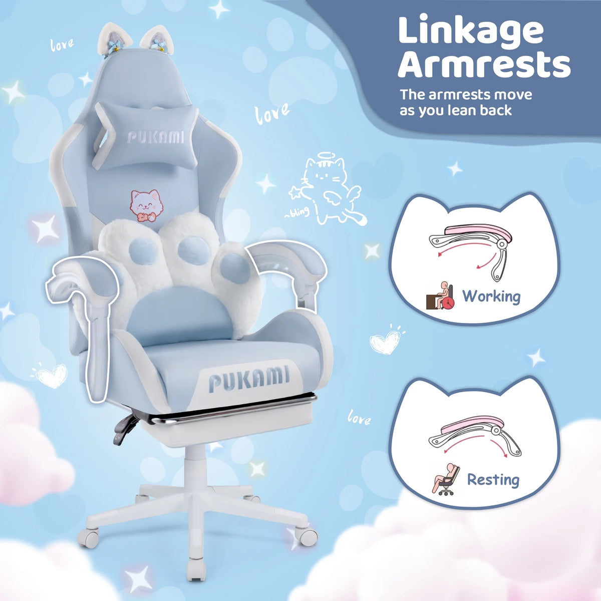 Waleaf Pink Gaming Chair with Cat Paw Lumbar Cushion and Cat Ears for Girls, Reclining Office Computer Chair with Footrest for Adults, Teens