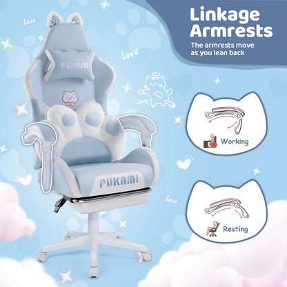 Waleaf Pink Gaming Chair with Cat Paw Lumbar Cushion and Cat Ears for Girls, Reclining Office Computer Chair with Footrest for Adults, Teens