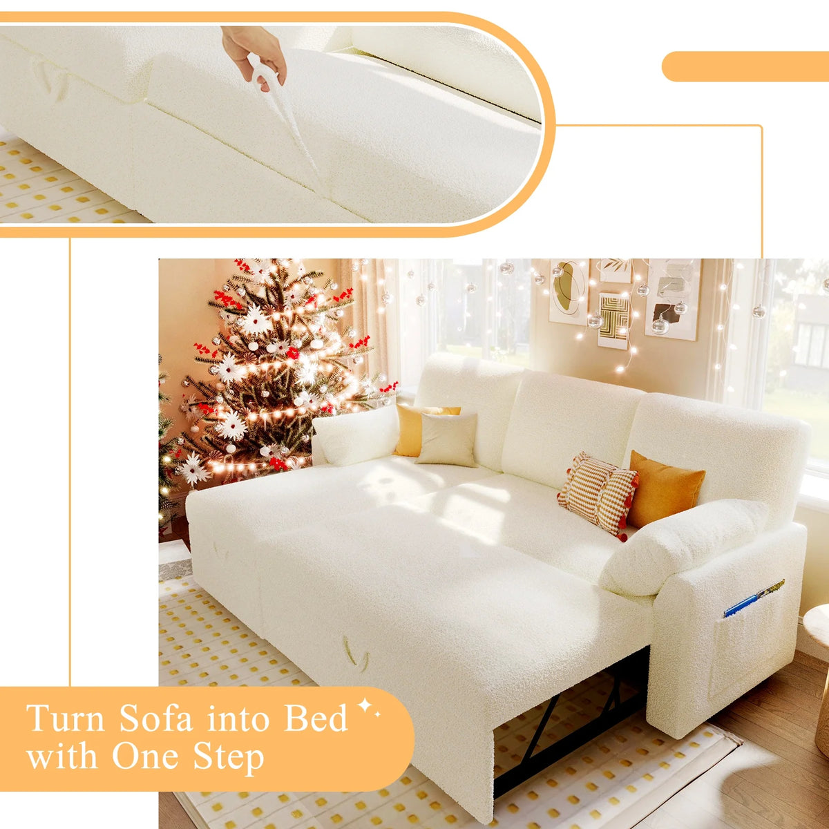 VANACC Sofa Bed, Convertible Sleeper Sofa-2 in 1 Pull Out Couch Bed, L Shape Sofa with Storage Chaise, White Boucle Couch for Indoor