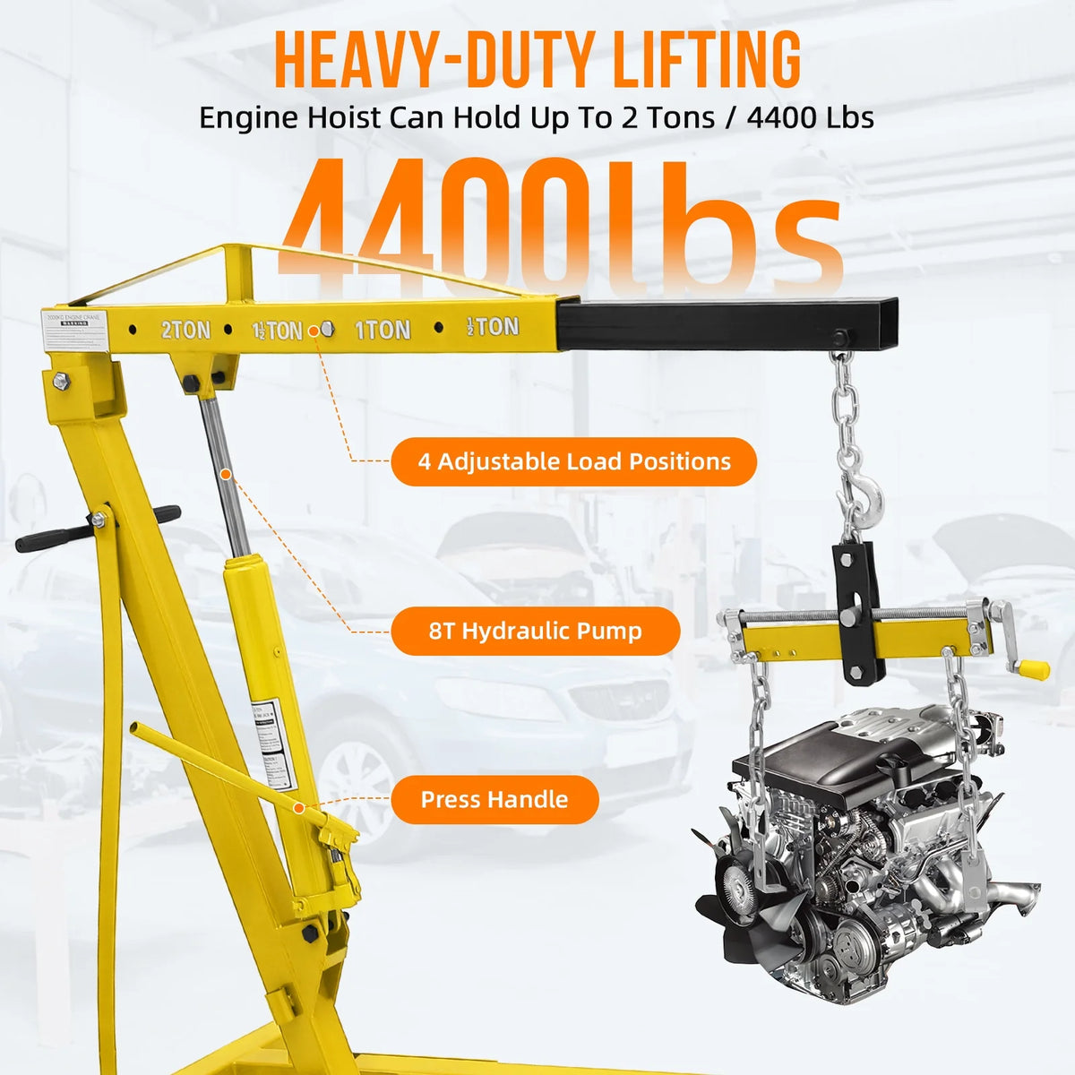 GARVEE 2 Ton Folding Hydraulic Engine Hoist with Lever,Folding Engine Shop Crane Hoist Lift,Heavy Cherry Picker with 6 Wheels for Garage,Workshop,Yellow