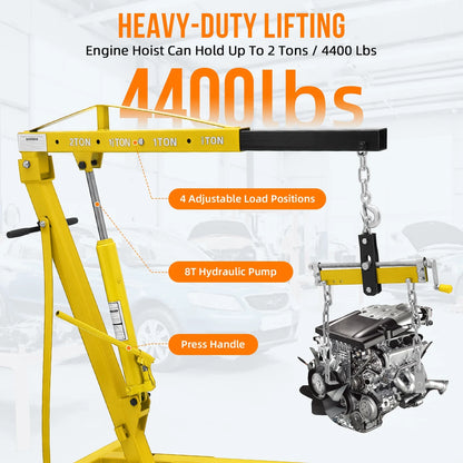 GARVEE 2 Ton Folding Hydraulic Engine Hoist with Lever,Folding Engine Shop Crane Hoist Lift,Heavy Cherry Picker with 6 Wheels for Garage,Workshop,Yellow