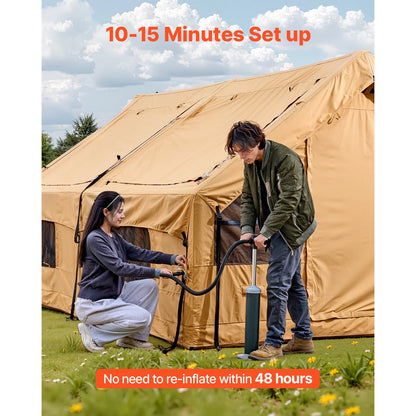 KFFKFF Inflatable Camping Tent for 8-12 Person, 15.75 x 11.81 x 7.22 Ft Glamping Blow up Tent with Hand Pump, Waterproof Air Tent, All-Weather Camping Shelter with Dual Sunroofs, Stove Jack