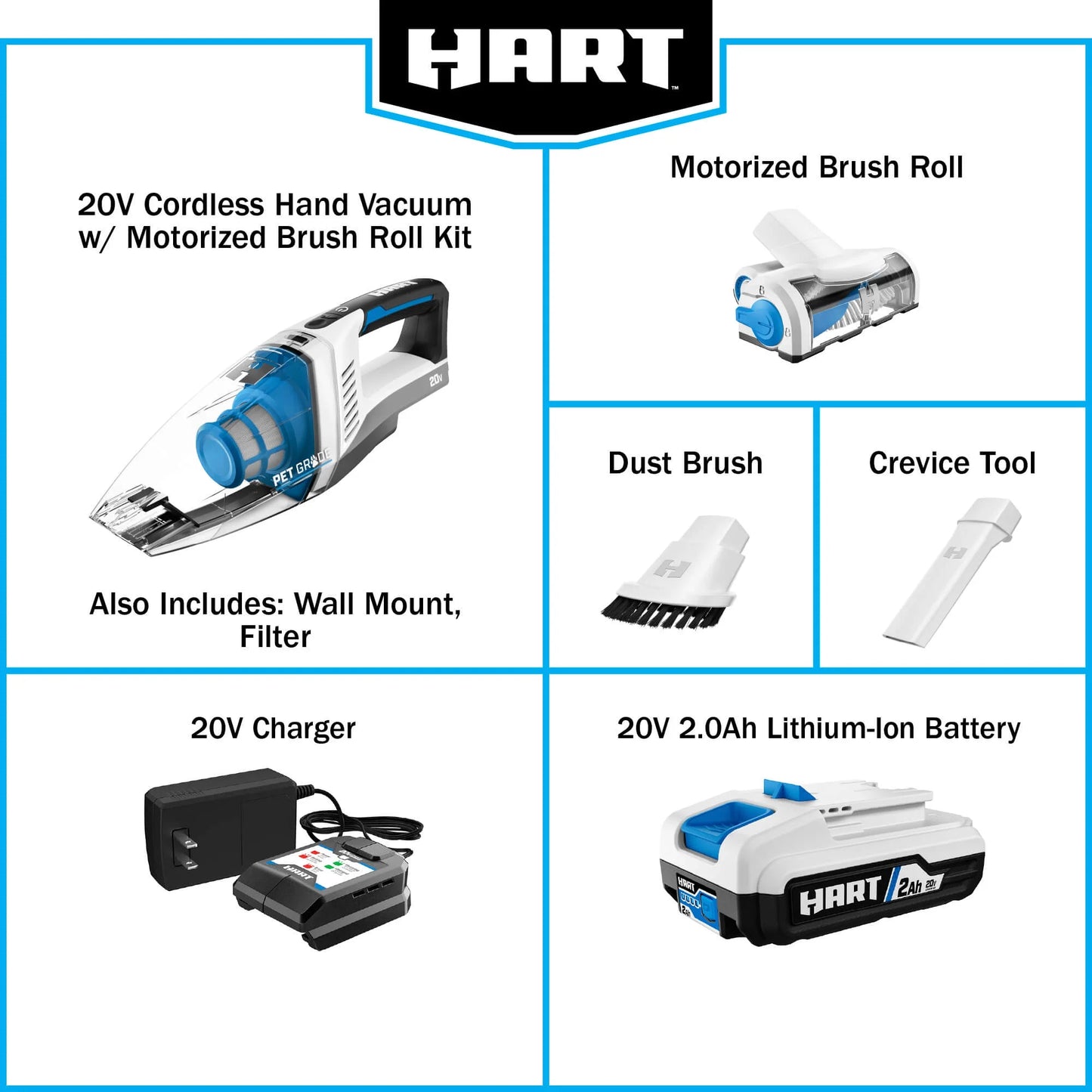 HART 20-Volt Cordless Hand Vacuum Kit with Multi-Surface Motorized Brush Roll, HPHV34B