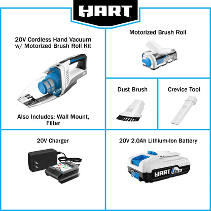 HART 20-Volt Cordless Hand Vacuum Kit with Multi-Surface Motorized Brush Roll, HPHV34B