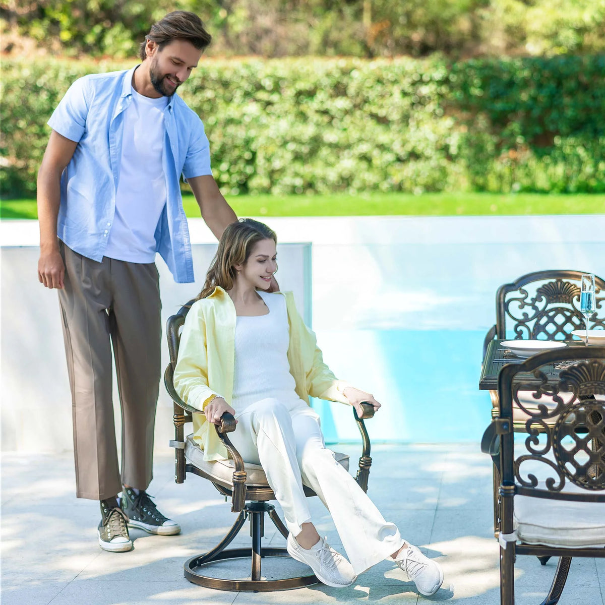 7-Piece Patio Furniture Dining Set, All-Weather Cast Aluminum Outdoor Table and Chairs for 6, Includes 4 Dining Chair & 2 Swivel Chairs & 60���� Rectangular Table, Beige