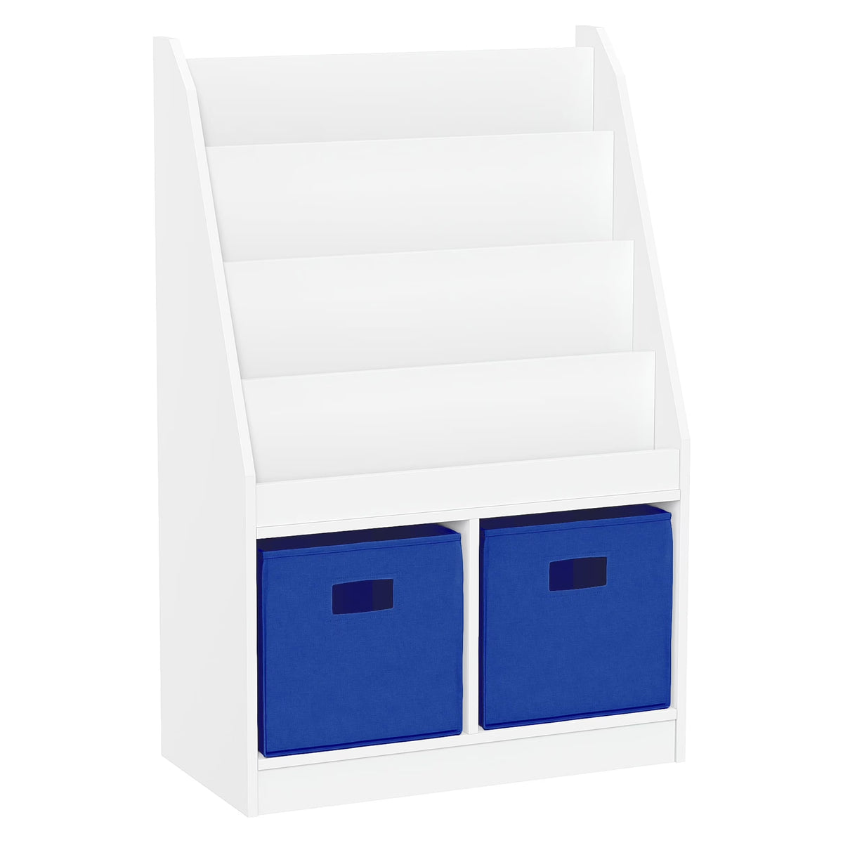 RiverRidge Kid Bookshelf Toy Storage Organizer with 4 Bookracks 2 Cubbies and 2 Gray Bins