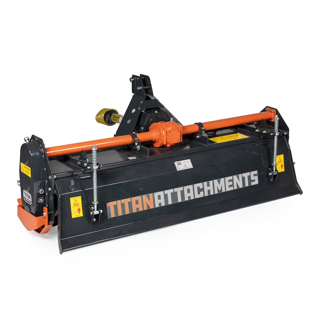 Titan Attachments 72n PTO Driven Rotary Tiller, Category 1, 3 Point Hitch, Single Speed Gear Drive, L-Shaped Tines Work 5in Deep