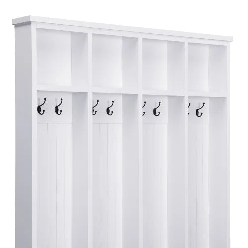 Farmhouse Hall Tree with Bench, 59" Wide Entryway Organizer with 8 Hooks & Storage Compartments, Modern Coat Rack & Shoe Bench for Mudroom,White