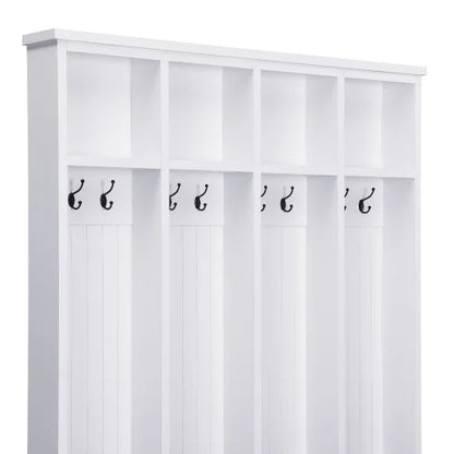Farmhouse Hall Tree with Bench, 59" Wide Entryway Organizer with 8 Hooks & Storage Compartments, Modern Coat Rack & Shoe Bench for Mudroom,White