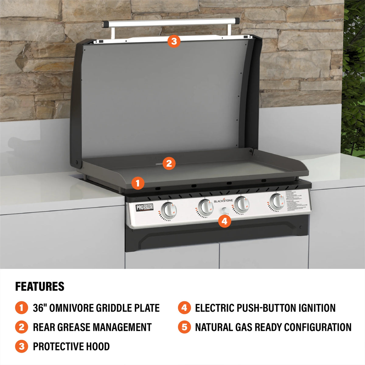Blackstone Pro Series 4-Burner 36" Propane Omnivore Drop-in Outdoor Griddle with Hood
