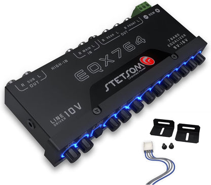 EQX764 7 Band Equalizer, Pre-Amp Car Audio Graphic Equalizer with 4 Inputs (RCA & High) 6 Outputs, 10v Line Driver to Avoid Noise and Dedicated Sub Controls (Level & Frequency)