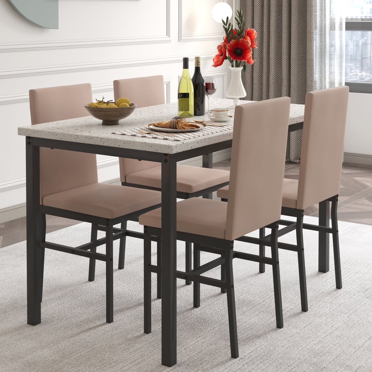 5 Piece Dining Set, Modern Dining Table and Chairs Set for 4, Counter Height Bar Table Set, Modern Pub Table with 4 Velvet Fabric Cushioned Stools, Faux Marble Dining Table & Stools Set, D9297