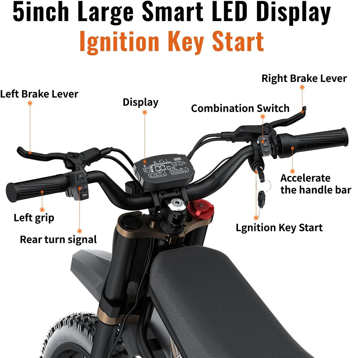 2000W Electric Dirt Bike for Adults Ridingtimes GT73 UL2849,Brushless Hub Motor,18.2AH*2 Electric Bike with 25\" tires digital screen Carbon Steel,Black