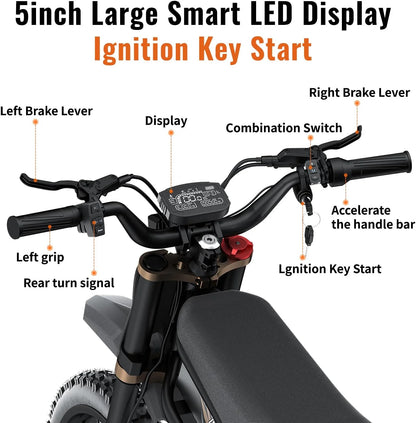 2000W Electric Dirt Bike for Adults Ridingtimes GT73 UL2849,Brushless Hub Motor,18.2AH*2 Electric Bike with 25\" tires digital screen Carbon Steel,Black
