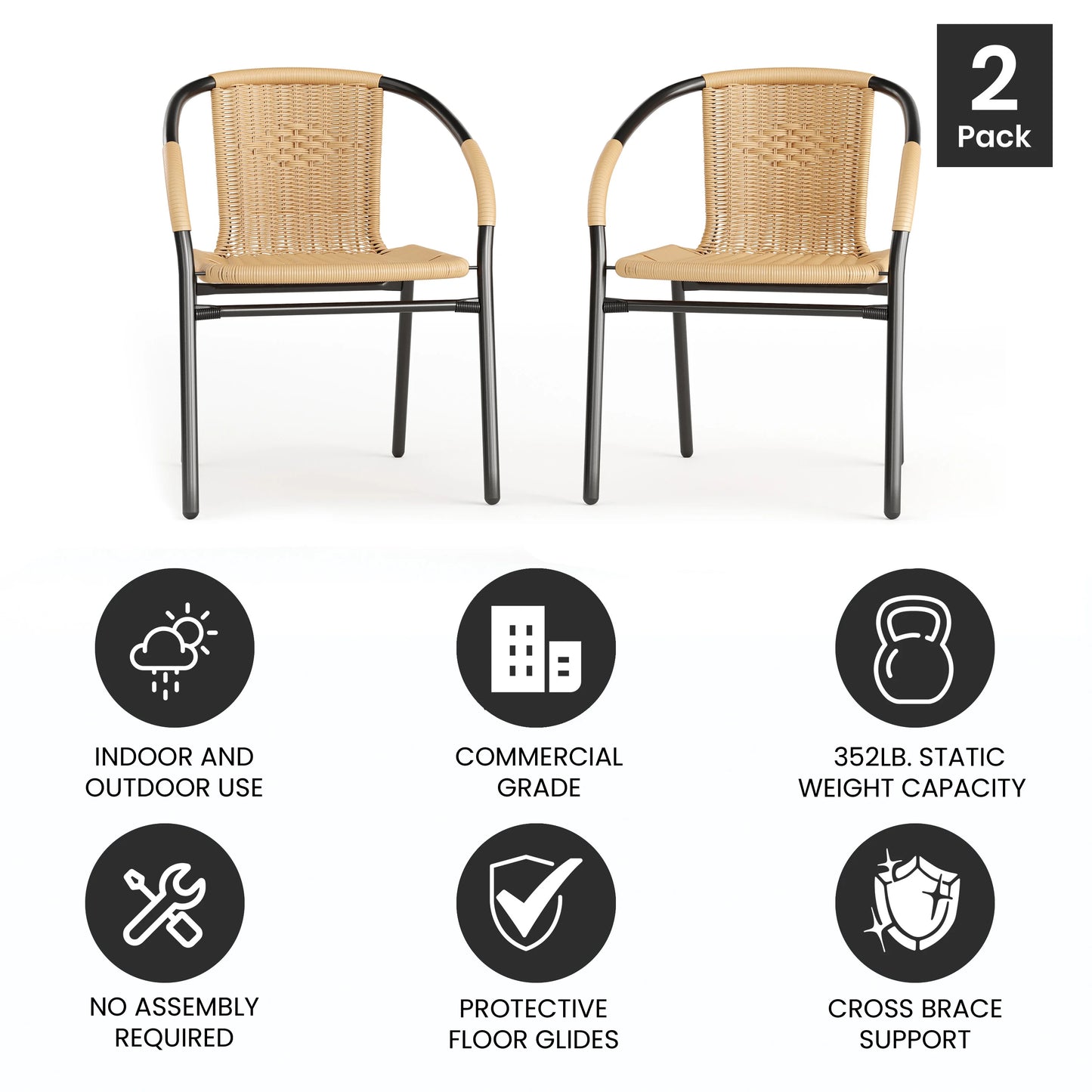 Emma + Oliver Indoor/Outdoor Stacking Rattan Restaurant Patio Chairs, Set of 2, Gray