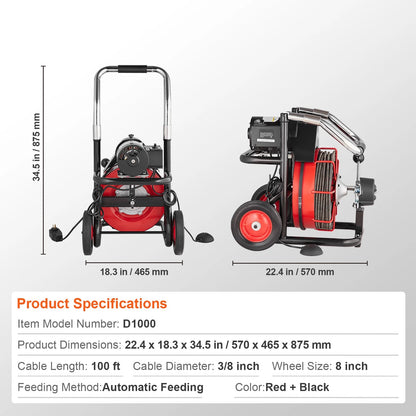 Drain Cleaner Machine Electric Drain Auger 100FT x 3/8 In Auto Feed