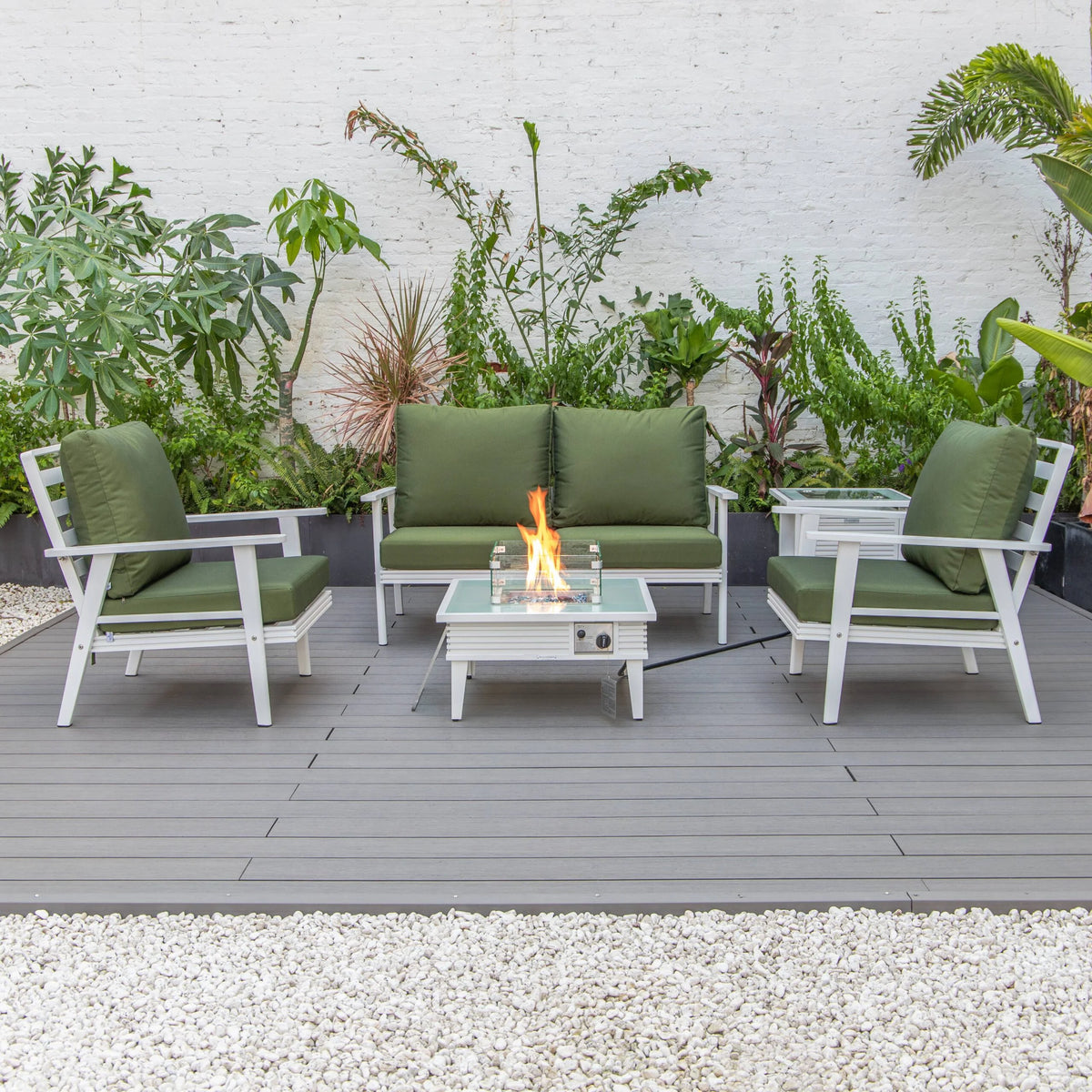 LeisureMod Walbrooke Modern Aluminum 5-Piece Patio Conversation Set with Outdoor Square Fire Pit Table with Slats Design & Side Table Tank Holder (Green)