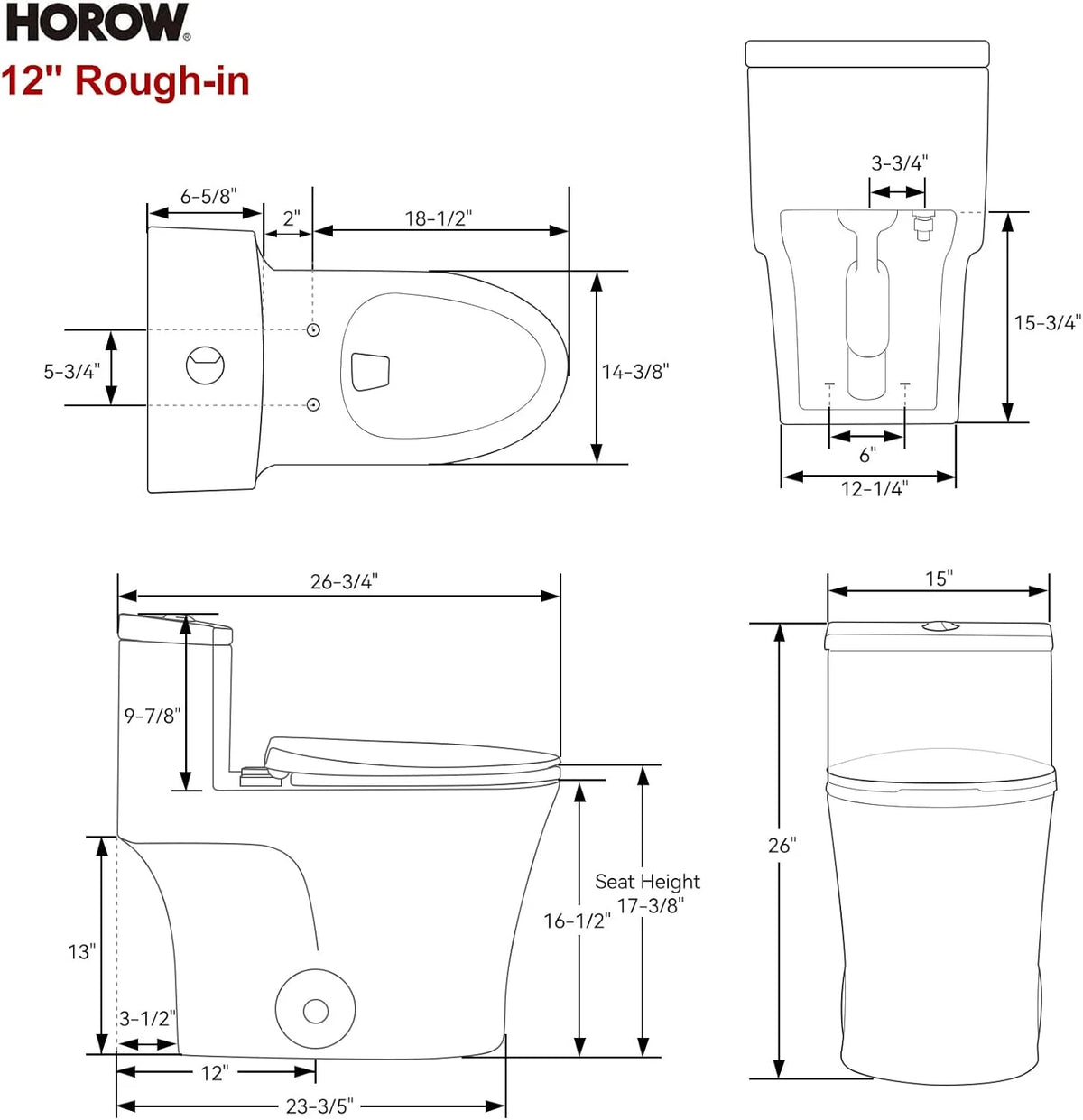HOROW Compact One Piece Toilet with Comfort Seat ADA Height 17.3" Elongated Dual Flush 0.8/1.28 GPF