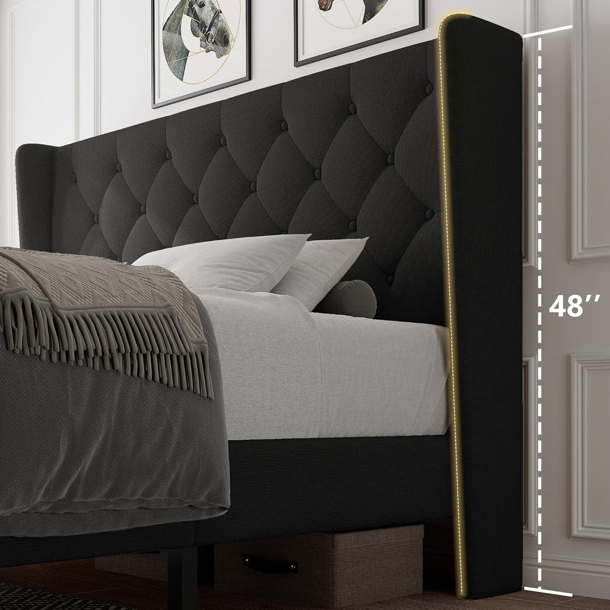 iPormis Full Size Bed Frame with Diamond Button Tufted Wingback Headboard, Upholstered Platform Bed Frame with Strong Wood Slat Support, No Box Spring Needed,Black