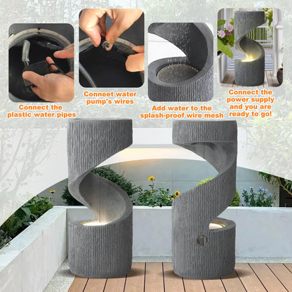 Magic Union Outdoor S-Shaped Water Fountain, Spiral Waterfall Indoor Fountain Outside Garden Decor with LED Lights & Pump, Curved Patio Resin Fountains for Yard, Deck, Porch and Home Decorations
