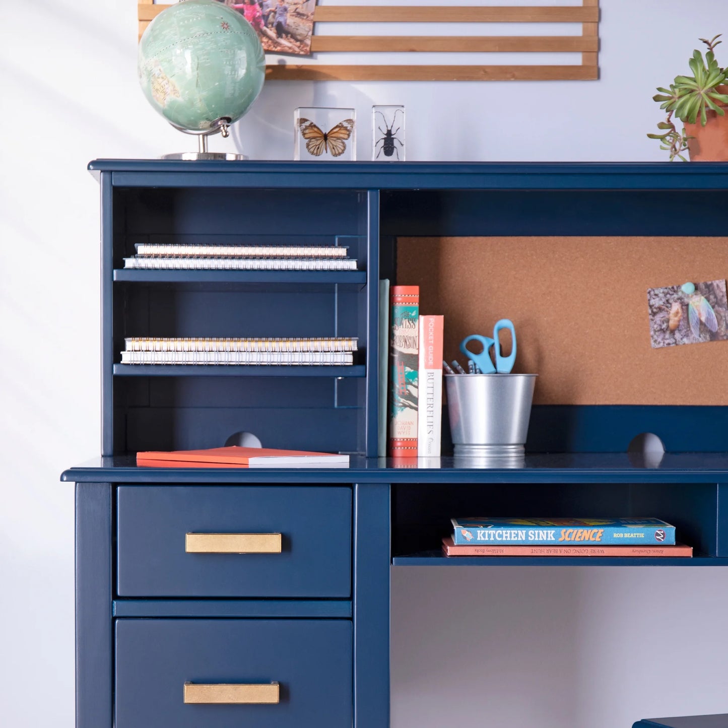 Guidecraft Taiga Kids Desk and Chair Set with Hutch - Navy: Kids Wooden Computer Desk with Storage Drawers and Shelves | Kids Study Table for Bedroom