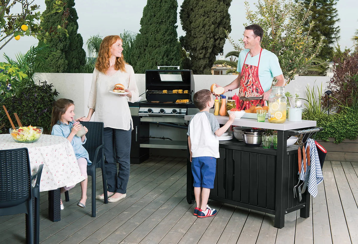 Keter Unity XL Resin Serving Station, All-Weather Plastic and Metal Grill, Storage and Prep Table, Graphite