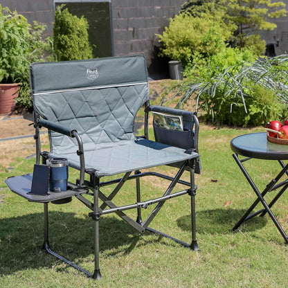 TIMBER RIDGE Portable Director Chair, Heavy Duty Camping Folding Chair with Compact Size with Side Pocket and Side Table, Support 400 lbs, Grey