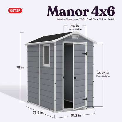 Keter 213413 Manor DD 6 X 8 Foot All Weather Outdoor Storage Shed, Grey