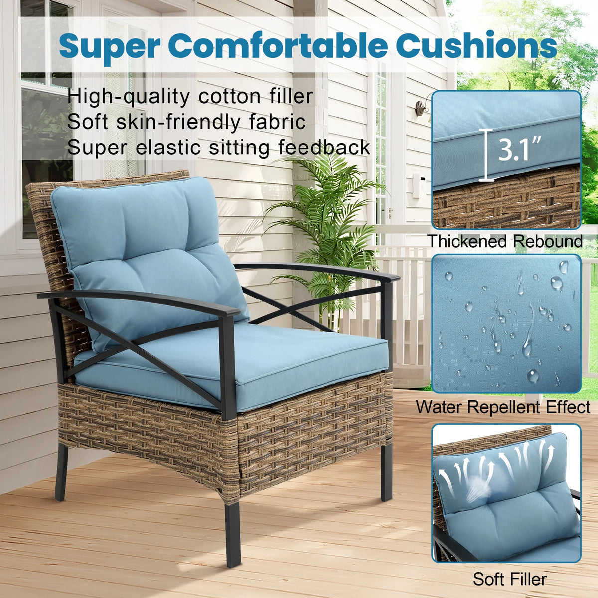 Heavy-duty Patio Furniture Set, 4 Piece Outdoor Sectional Conversation Sets, BrownPE Rattan Patio Sofa Set with Blue Cushions