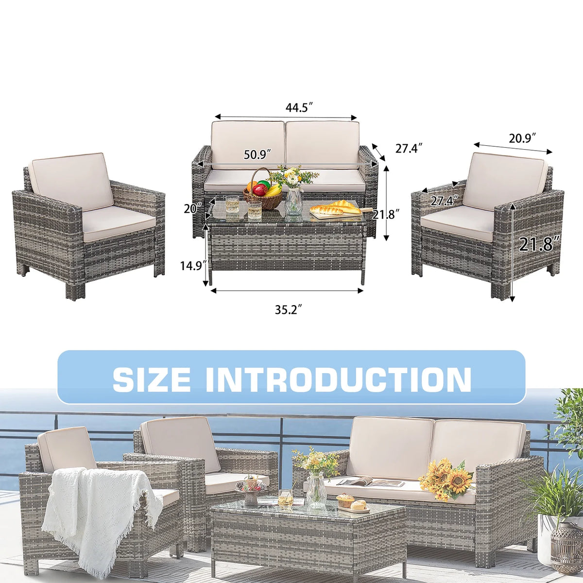 Lacoo 4 Pieces Patio Furniture Sets Rattan Chair Wicker Conversation Sofa Set Outdoor Tble and Chairs for Backyard Porch Garden Poolside Balcony, White