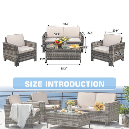 Lacoo 4 Pieces Patio Furniture Sets Rattan Chair Wicker Conversation Sofa Set Outdoor Tble and Chairs for Backyard Porch Garden Poolside Balcony, White