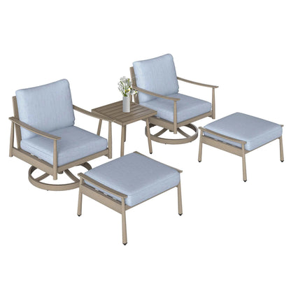 HAPPATIO Aluminum Outdoor Furniture Set - 5 Pieces Patio Furniture Set Includes 1 Side Table, 2 Swivel Chairs and 2 Ottomans with Thick Cushion, Patio Conversation Set for Backyard Poolside (Grey)