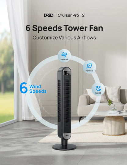 Dreo Tower Fan for Home, 42" Standing Fan with Remote, 90�� Oscillating Fan for Indoors, 34dB Quiet Bedroom Fans, 6 Speeds, 4 Modes, 12H Timer, Bladeless Fan with LED Display, 26 ft/s High Velocity