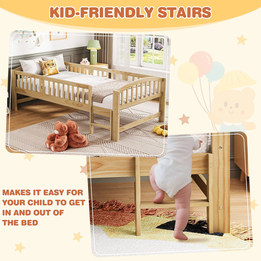 SESSLIFE Twin Size Platform Bed, Solid Wood Twin Bed Frame with Slats, Fence Guardrail Ladder, Twin Floor Bed with Strong Legs for Boys Girls, No Box Spring Needed, Holds 400 lbs, White