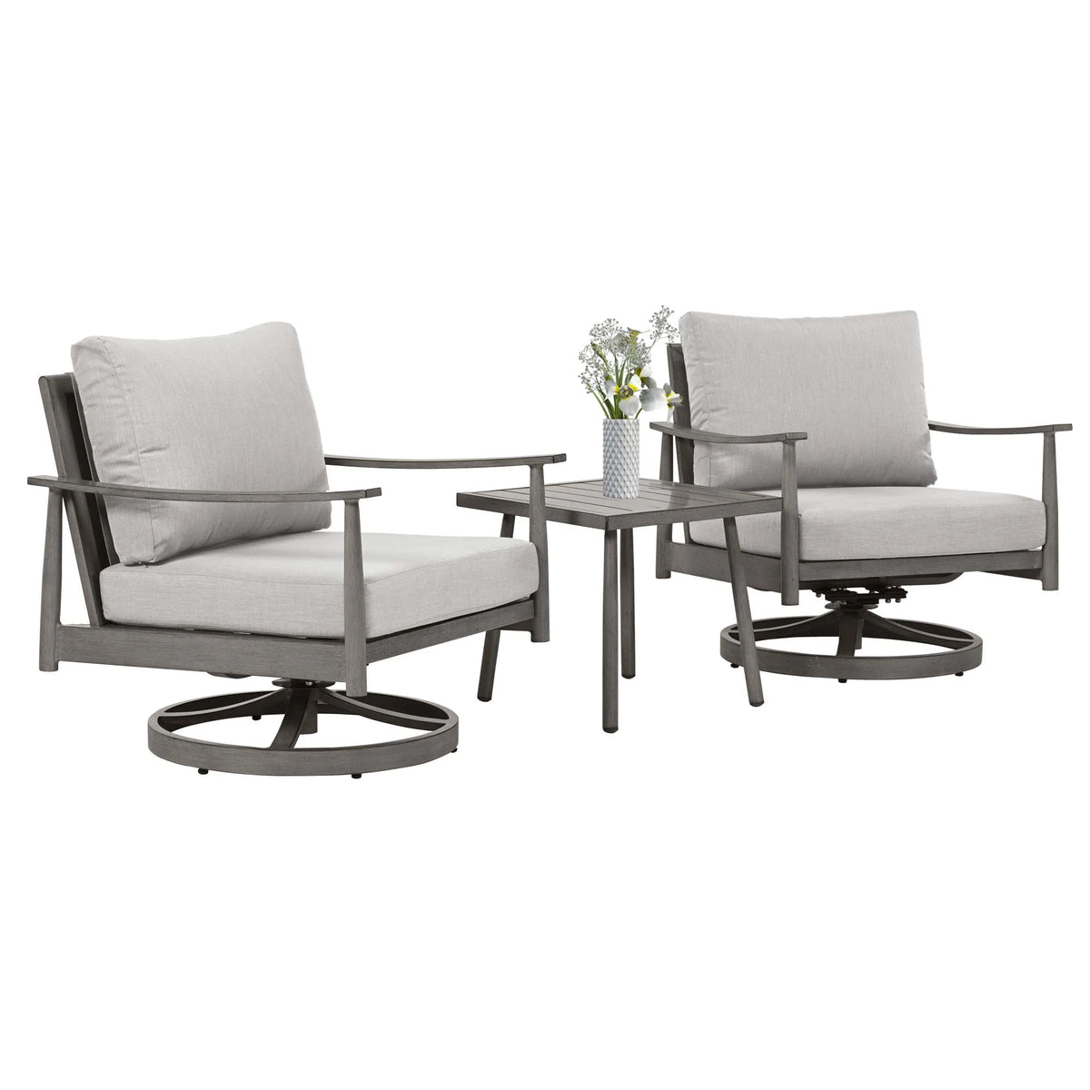 HAPPATIO Aluminum Outdoor Furniture Set - 5 Pieces Patio Furniture Set Includes 1 Side Table, 2 Swivel Chairs and 2 Ottomans with Thick Cushion, Patio Conversation Set for Backyard Poolside (Grey)