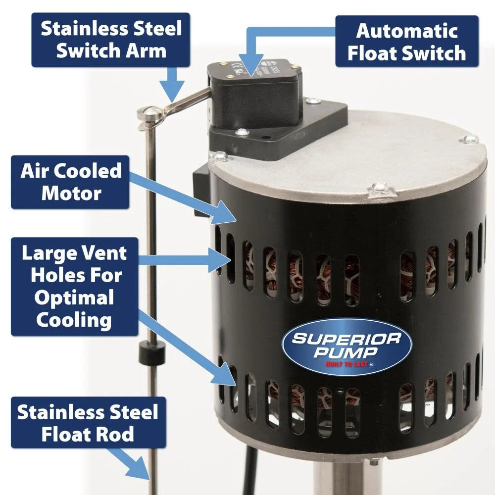 Superior Pump 92333 Multi Use Utility Sump Water Pump, 120 V, 0.33 Hp, 1-1/4 in Outlet, 50 Gpm, Thermoplastic - Black