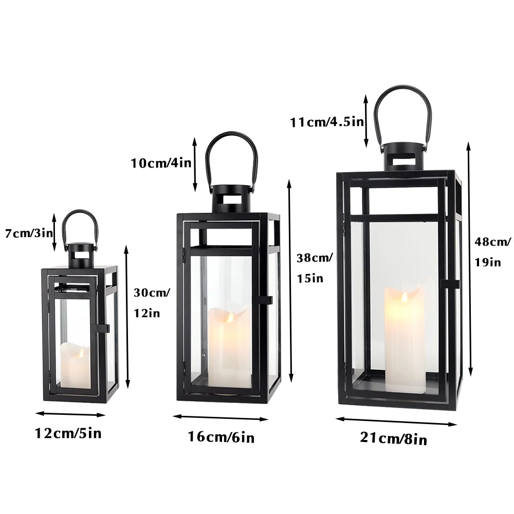 Stainless Steel Lantern Set of 3 12/15/19" Metal Lanterns with Tempered Glass for Parties & Events (Silver )