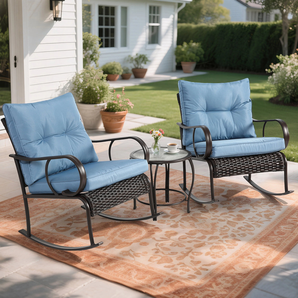 Outdoor Conversation Set of 3, Outdoor Patio Rocking Chair Set with Cushions & Coffee Table, All Weather Wicker Patio Furniture Set, Ideal for Patio, Poolside, Yard, Deck, Coffee Bar