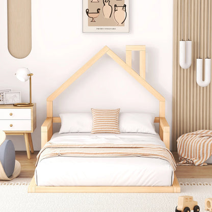 Euroco Twin Size Wood Floor Bed for Kids Room, Toddler House Bed, Natural