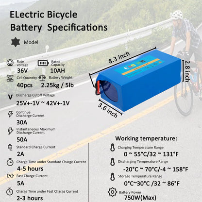 36V 10Ah Lithium Battery 30A BMS Battery with Charger for 750W Electirc Tricycle Bike