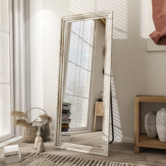 BEAUTYPEAK 64"x21" Full Length Mirror with Stand Solid Wooden Framed Floor Mirror Full Body Mirror,Retro White