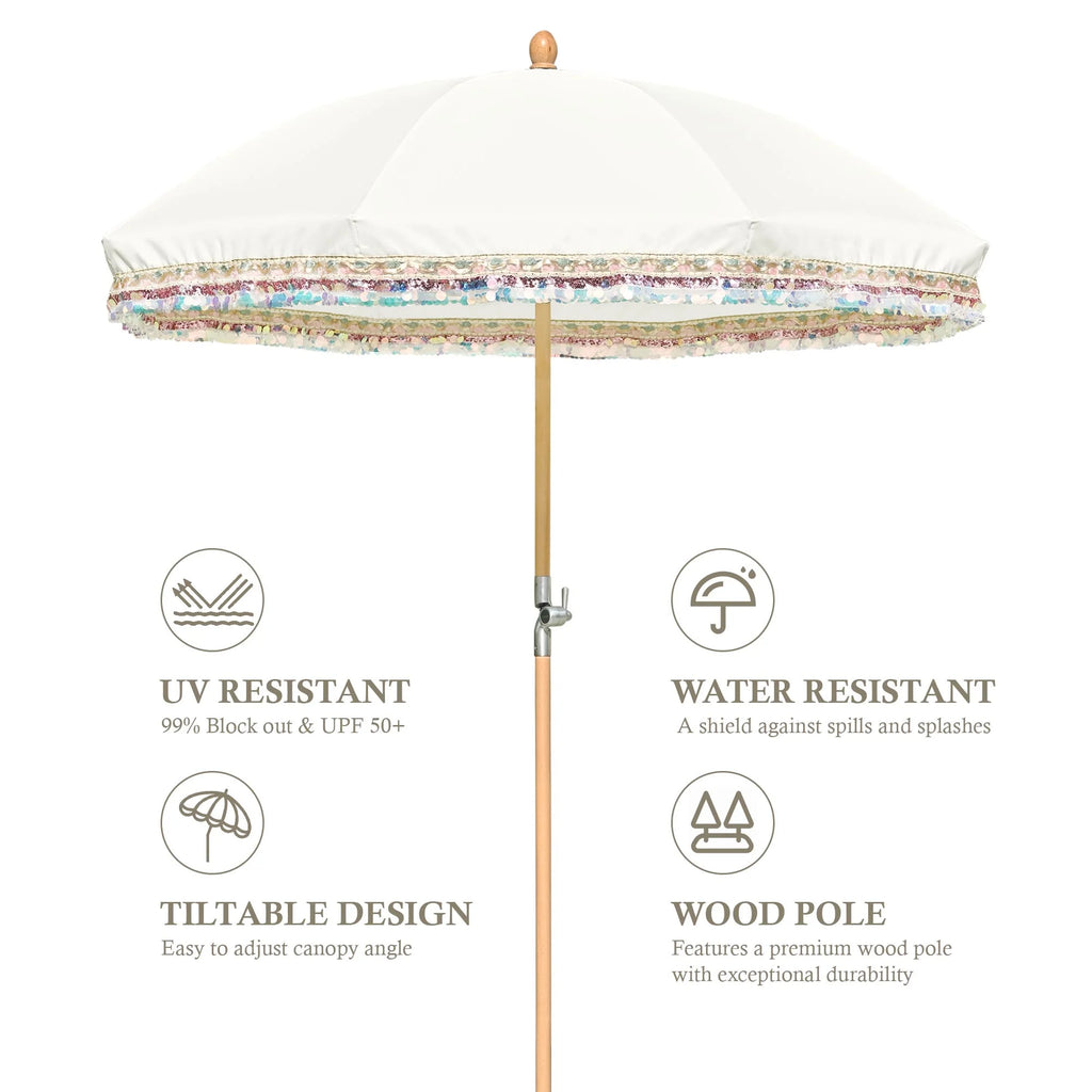 LAGarden 6 Ft Fringe Patio Umbrella with Tassel Jazz Age Wood UPF50+ for Outdoor, Beige with gold tassel,Model: JZ6-01
