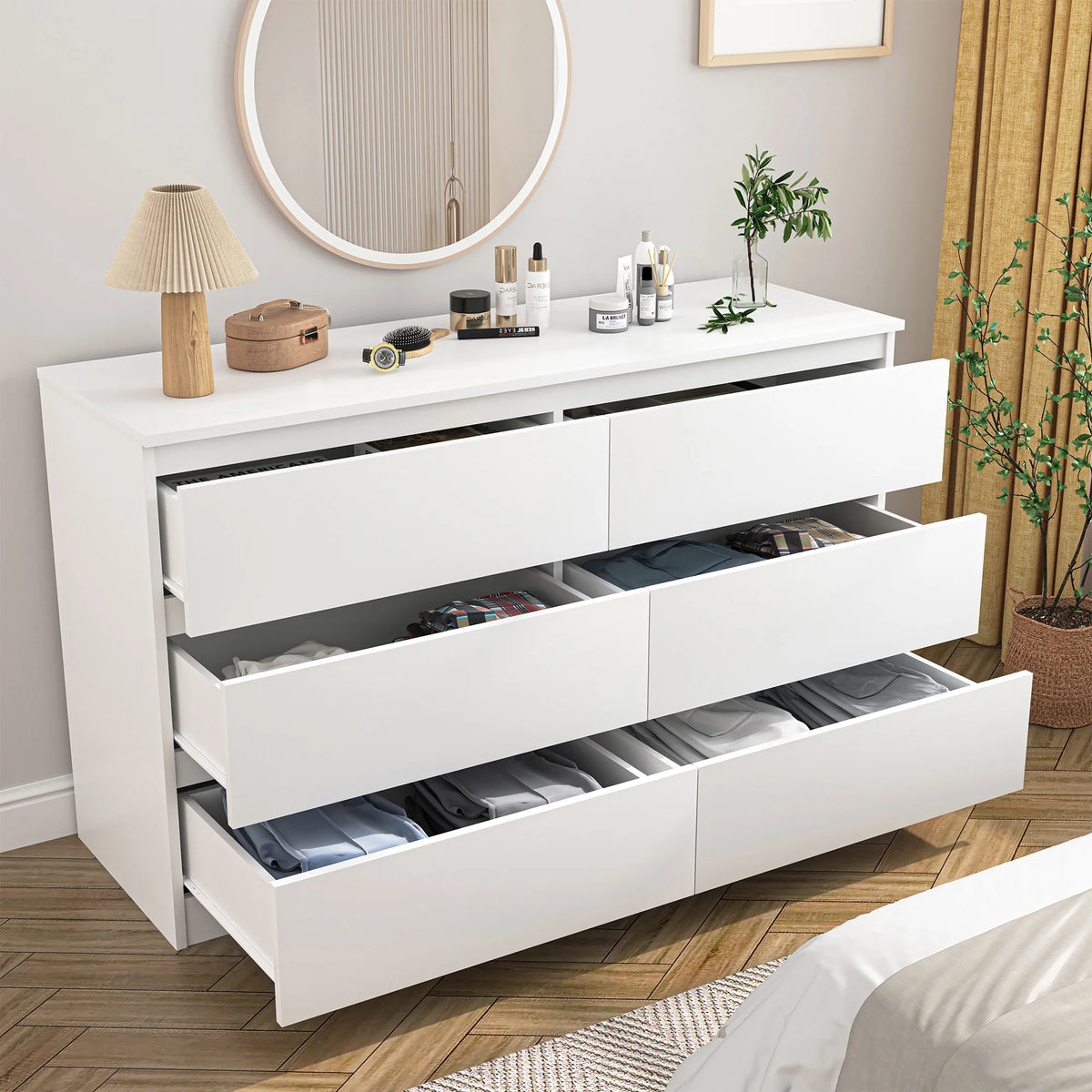 Resenkos Modern Mid Century 6 Drawer Wide Dressers Chests for Bedroom, Chest of Drawer Organizer Grey