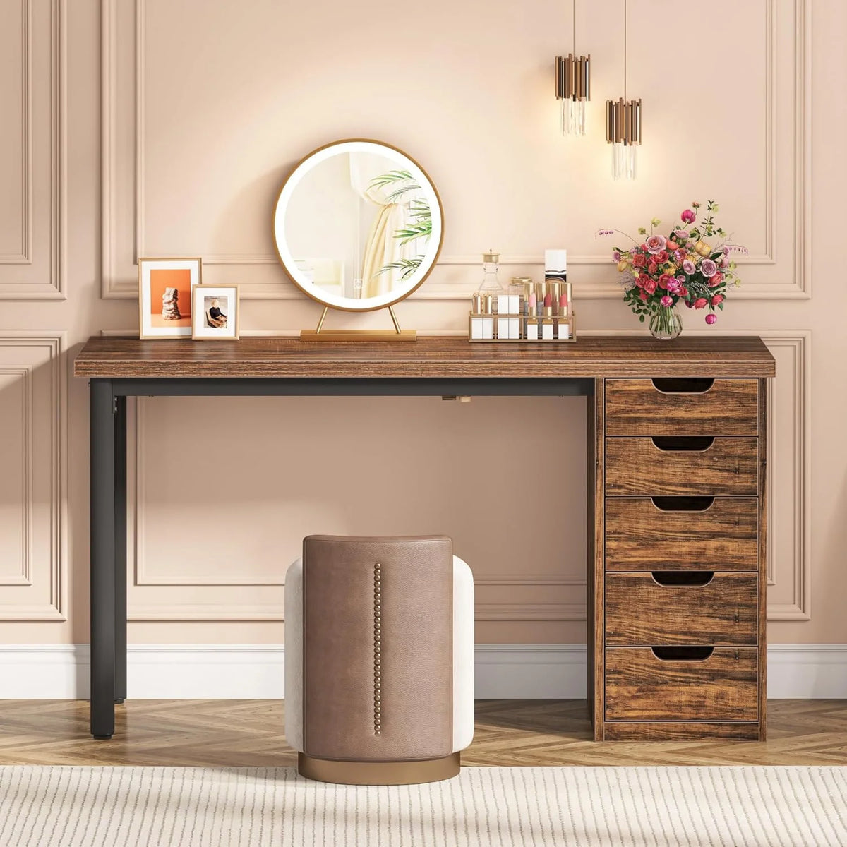Tribesigns 47 inches Vanity Desk with 5 Drawers, Rustic Makeup Dressing Table with Storage, Modern Simple Computer Desk for Women, Girls (Brown)