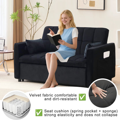 Velvet 3-in-1 Convertible Sofa Bed �C USB Charging, Adjustable Backrest Pull-Out Couch Loveseat Sleeper for Living Room, Apartment & Small Space,Black