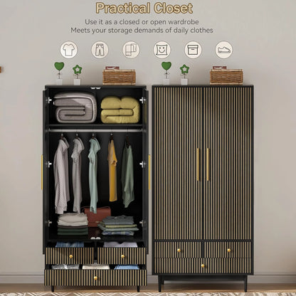 Oubayajia Wardrobe Armoire Closet, 2 Fluted Doors Wardrobe Cabinet with 3-Drawer and Hanging Rod, Wood Wardrobe Storage for Bedroom
